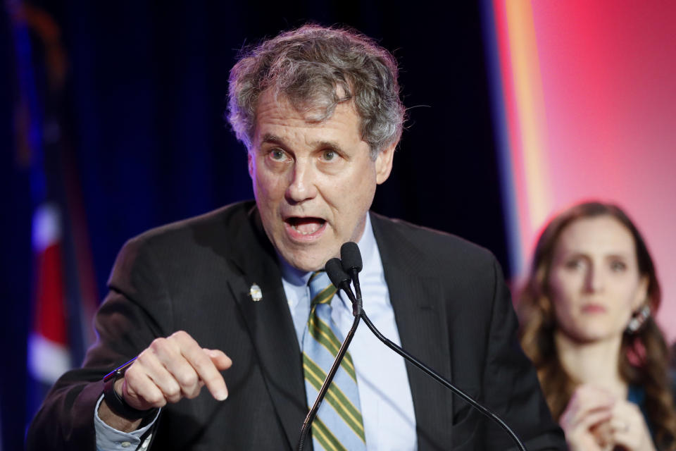 Sen. Sherrod Brown, D-Ohio, speaks after winning his re-election bid during the Ohio Democratic Party election night watch party, Tuesday, Nov. 6, 2018, in Columbus, Ohio. (AP Photo/John Minchillo)