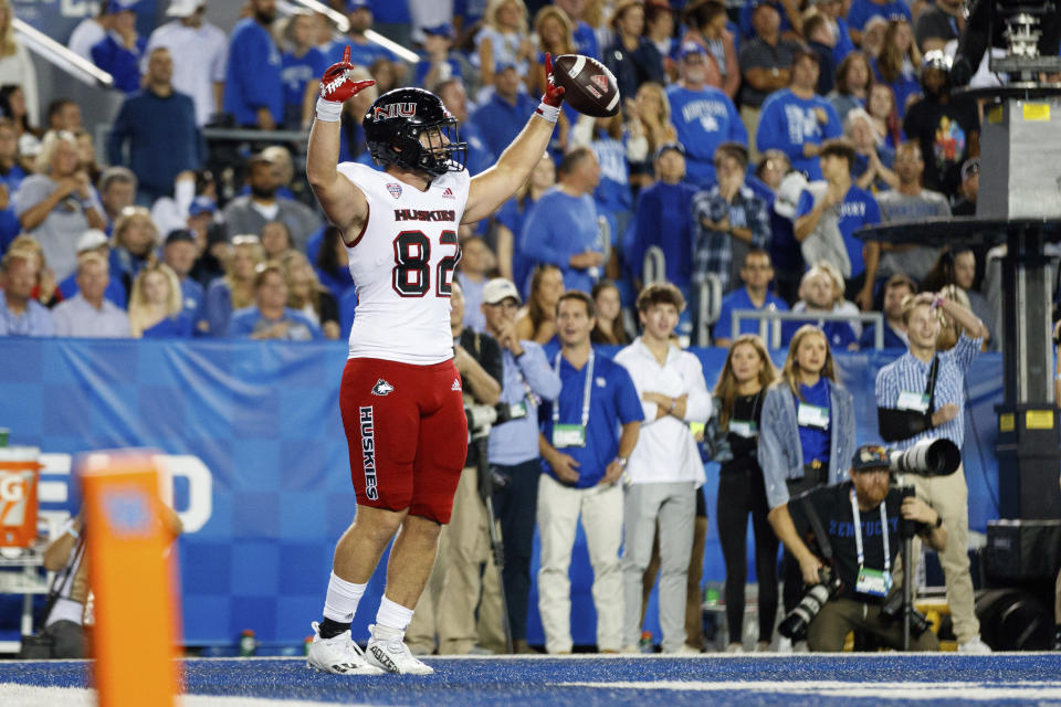 Northern Illinois tight end Tristen Tewes (82) celebrates after scoring a touchdown during the first half of an NCAA college football game against Kentucky in Lexington, Ky., Saturday, Sept. 24, 2022. (AP Photo/Michael Clubb)