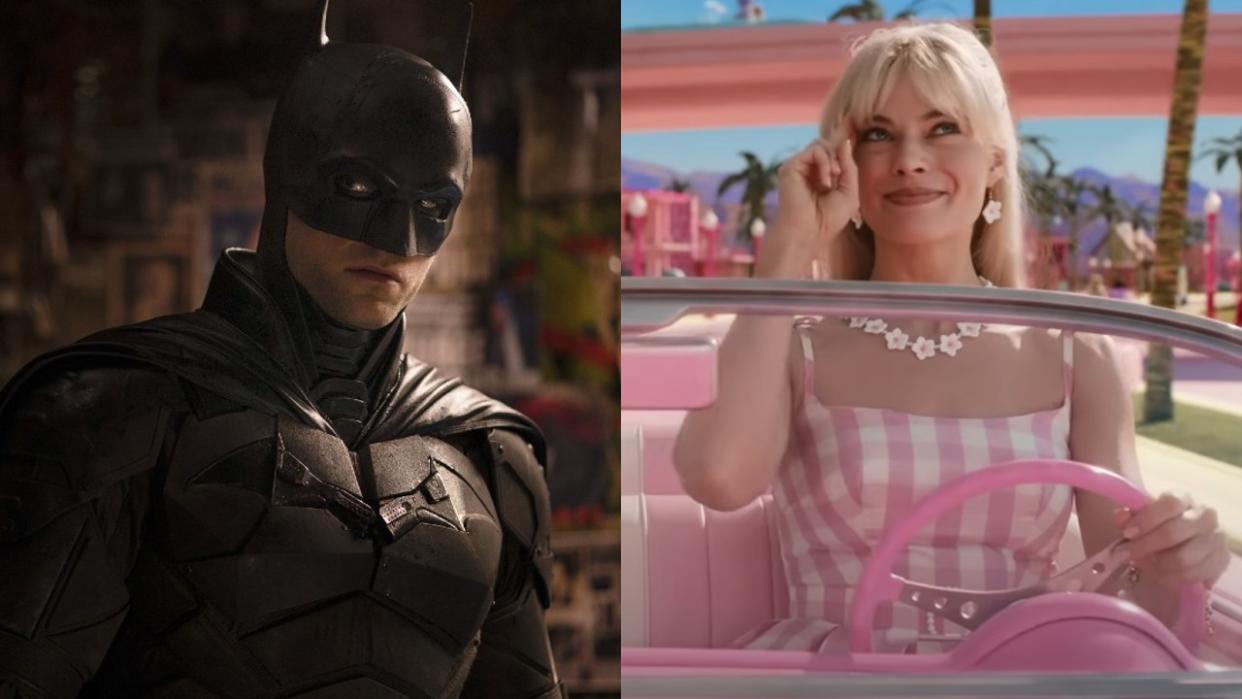  Robert Pattinson as Batman on the left and Margot Robbie as Barbie driving her car in Barbie. 