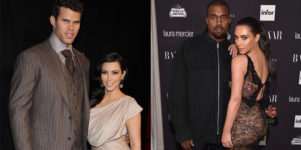 <p>Kim Kardashian West made headlines when she and Kris Humphries divorced 72 days after their extravagant, televised wedding. When Kanye West released "<a href="https://www.youtube.com/watch?v=qRnRK9zWFXQ" rel="nofollow noopener" target="_blank" data-ylk="slk:Theraflu;elm:context_link;itc:0;sec:content-canvas" class="link ">Theraflu</a>" in 2012—featuring the lyrics, "And I’ll admit, I had fell in love with Kim / Around the time she had fell in love with him / Well that’s cool, baby girl, do your thing / Lucky I ain’t had Jay drop him from the team"—it became clear that he was crushing on Kim long before her divorce. The two ended up getting together and welcomed their first child, North West, in 2013. They tied the knot a year later in Italy and now have four children.</p>