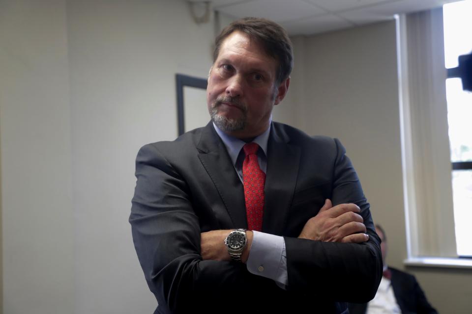 Don Pumphrey Jr., defense attorney representing Mirko Ceska, talks to the press after his client's arraignment on charges of sexual battery, sexual assault, abuse and neglect at the Wakulla County Courthouse Wednesday, July 17, 2019. 