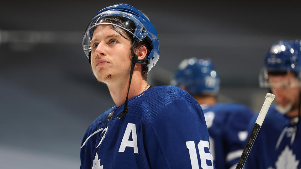 TORONTO, ONTARIO - AUGUST 09: Mitchell Marner #16 of the Toronto Maple Leafs reacts after his team was defeated 3-0 by the Columbus Blue Jackets after Game Five of the Eastern Conference Qualification Round at Scotiabank Arena on August 09, 2020 in Toronto, Ontario. (Photo by Chase Agnello-Dean/NHLI via Getty Images)