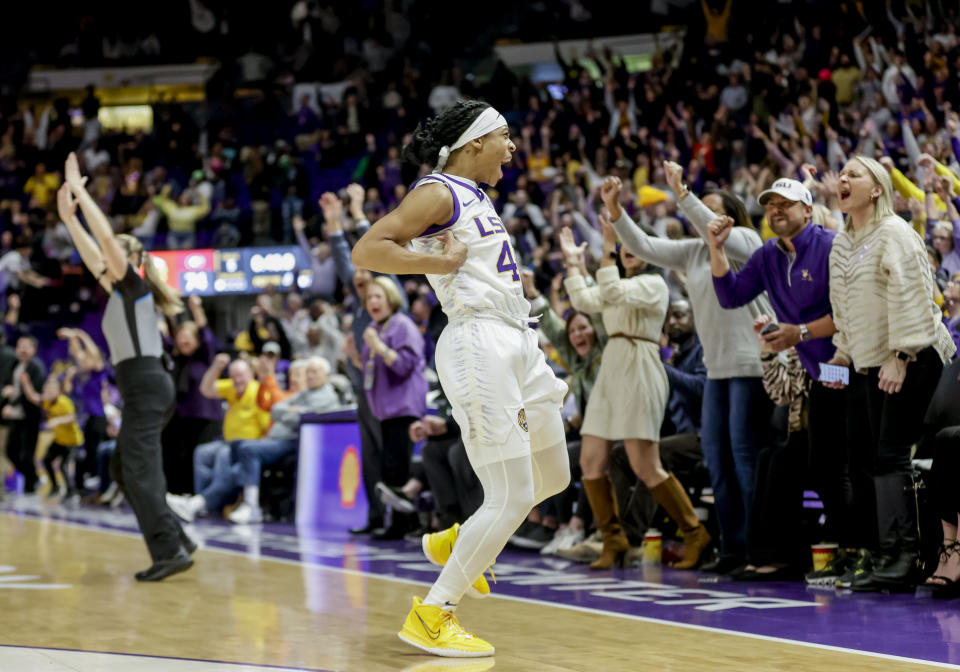 LSU guard Alexis Morris (45) celebrates after a basket against Georgia in overtime of an NCAA college basketball game in Baton Rouge, La., Thursday, Feb. 2, 2023. (AP Photo/Derick Hingle)