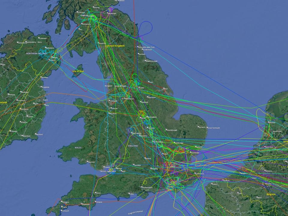Knitting pattern? Paths of all the flights that were diverted on Sunday evening (Flightradar24)