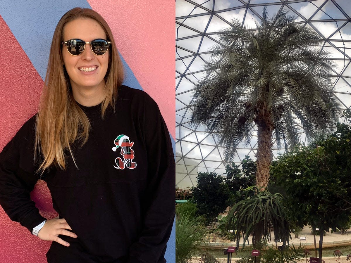 carly posing by the bubblegum wall at epcot and a shot of the inside of living with the land at epcot