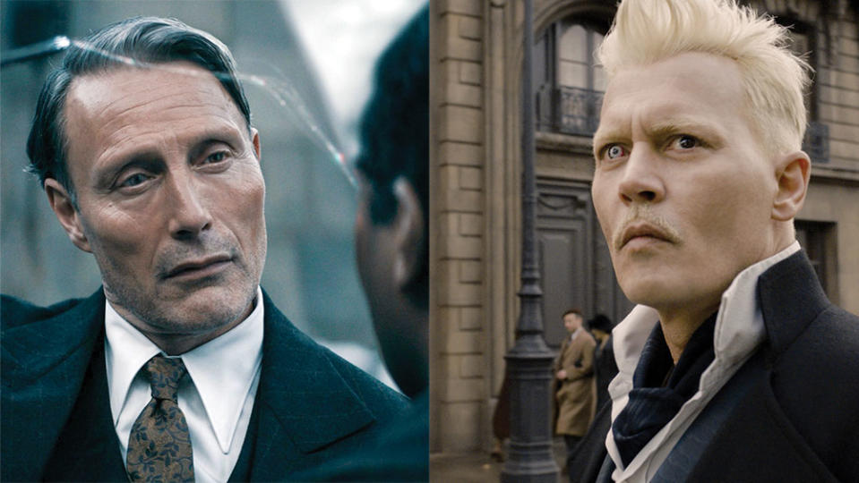Mads Mikkelsen in Fantastic Beasts: The Secrets of Dumbledore as villainous wizard Gellert Grindelwald, a role he took over from Johnny Depp (right), who was fired by Warner Bros. after a scandal involving ex-wife Amber Heard. - Credit: Courtesy of Warner Bros. /Courtesy of Everett Collection