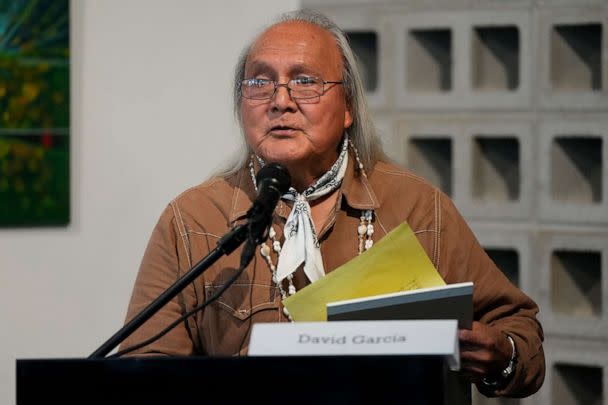 PHOTO: David Garcia speaks during a news conference by Native American advocacy groups, Feb. 9, 2023, in Phoenix. (Rick Scuteri/AP)