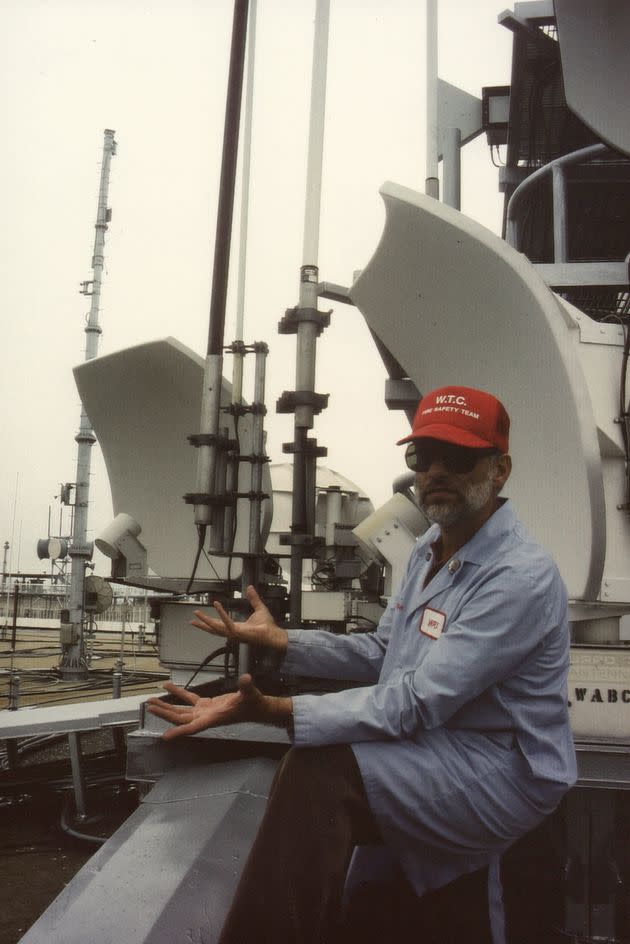 Steven Jacobson perched on the roof of One World Trade Center, pointing out the repeater transmitters, circa 1981. (Photo: Photo Courtesy of Miriam Jacobson)