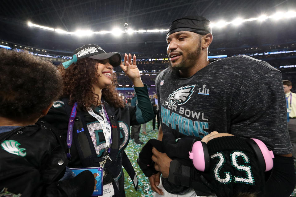 <p>Najee Goode #52 of the Philadelphia Eagles celebrates with his family after defeating the New England Patriots 41-33 in Super Bowl LII at U.S. Bank Stadium on February 4, 2018 in Minneapolis, Minnesota. (Photo by Patrick Smith/Getty Images) </p>