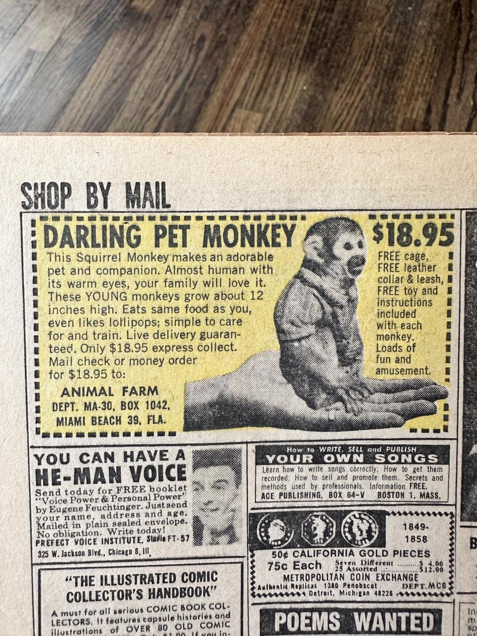 Ad for a "darling pet monkey" from an "animal farm" in Miami