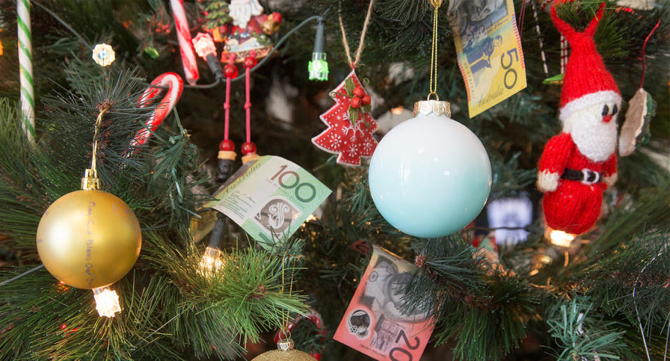 Cash decorations on Christmas tree