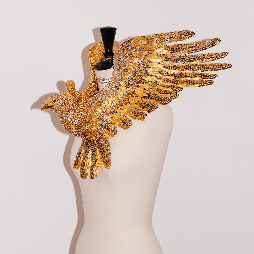 A wearable crystal “The Boy and Bird” sculpture by Schiaparelli’s Daniel Roseberry.