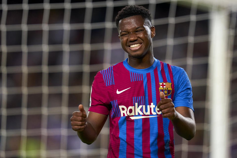 Ansu Fati (pictured) reacts during the match against RC Celta de Vigo at Camp Nou.