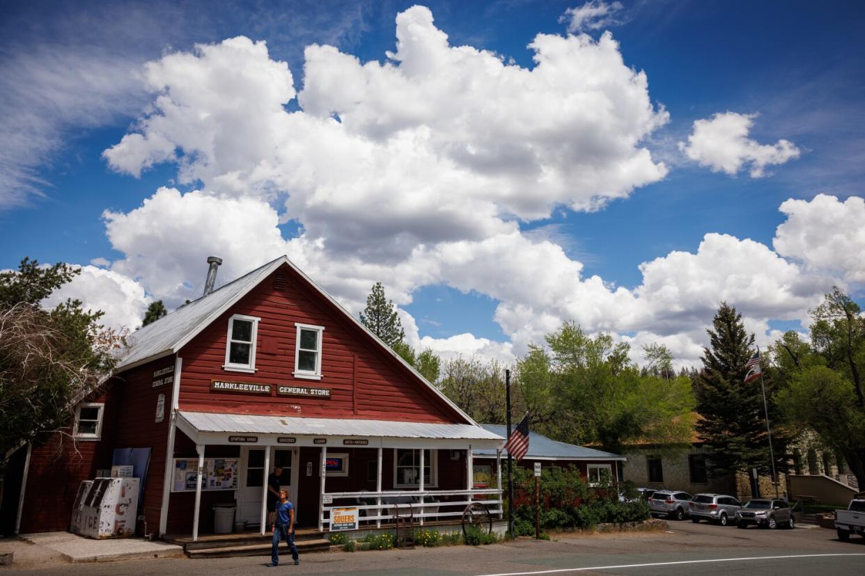 A rustic red building with the sign "Markleeville General Store"