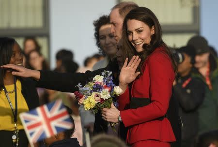 Britain's Catherine the Duchess of Cambridge speaks with school pupils as she arrives with Prince William at an event organised by charity Place2Be during Children's Mental Health Week at Mitchell Brook Primary School in north London, Britain, February 6, 2017. REUTERS/Toby Melville