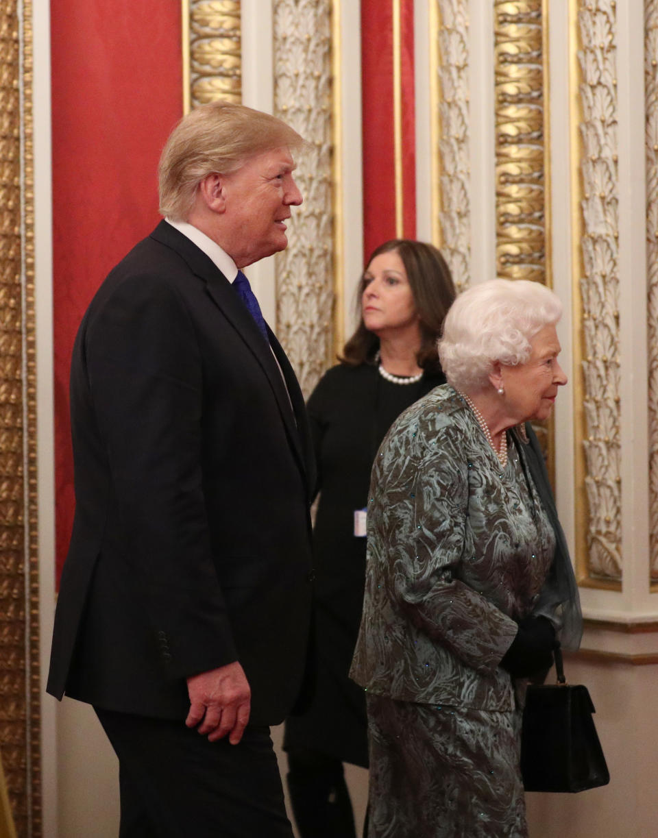 Queen Elizabeth II with US President Donald Trump during a reception at Buckingham Palace, London, as Nato leaders attend to mark 70 years of the alliance.