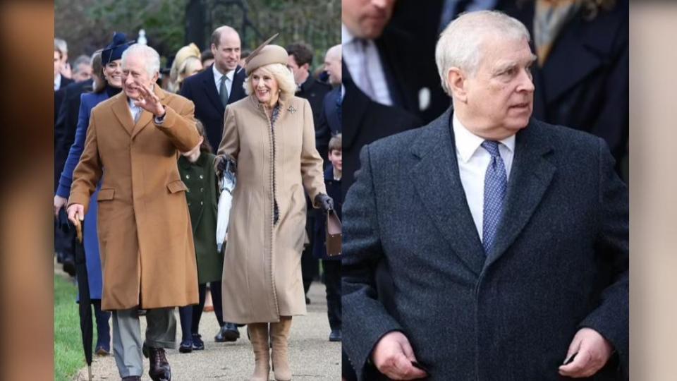 查爾斯國王（King Charles）和卡蜜拉王后（Queen Camila）走最前頭，醜聞纏身的安德魯王子（Prince Andrew）也出席。（圖／翻攝自《每日郵報》）