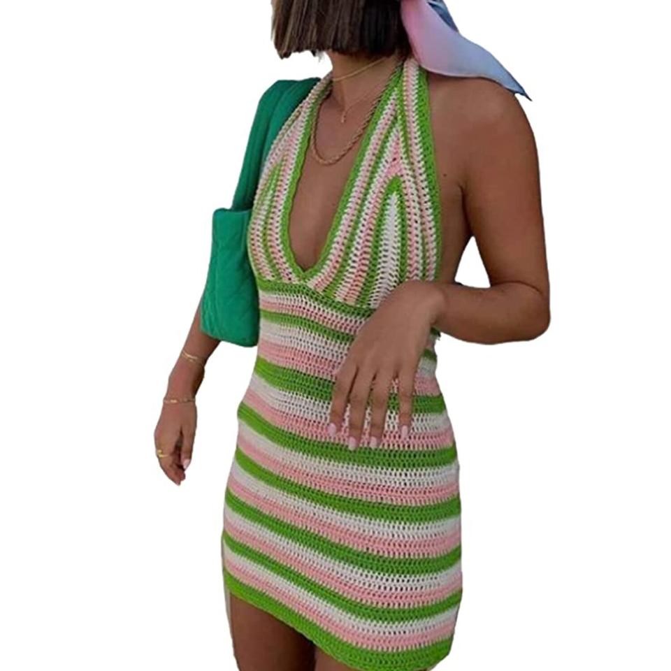 woman wearing green, pink and white knit mini dress