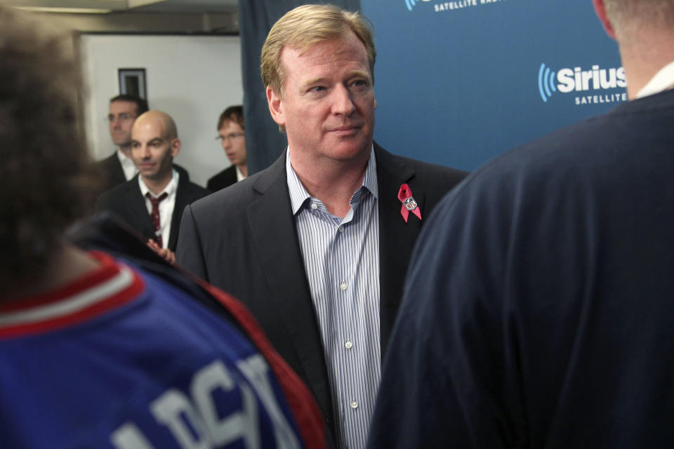 NFL Commissioner Roger Goodell greets football fans after a Sirius XM Town Hall event in New York, Monday, Oct. 22, 2012. (AP Photo/Seth Wenig)