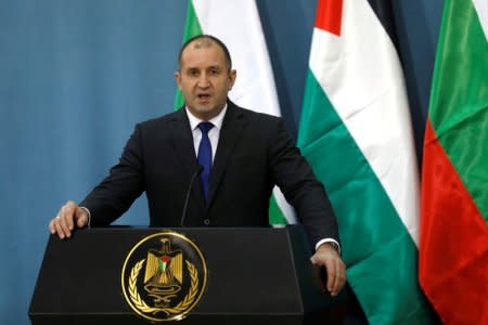 FILE PHOTO: Bulgarian President Rumen Radev speaks during news conference with Palestinian President Mahmoud Abbas in Ramallah, in the occupied West Bank March 22, 2018. REUTERS/Mohamad Torokman/File Photo