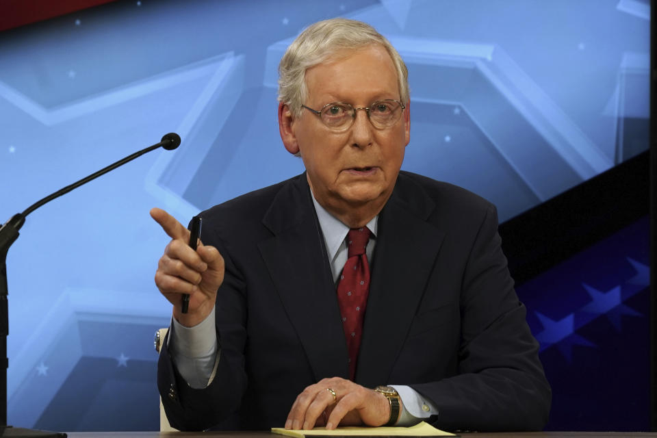 Senate Majority Leader Mitch McConnell, R-Ky., debates with Democratic challenger Amy McGrath in Lexington, Ky., Monday, Oct. 12, 2020. (Michael Clubb/The Kentucky Kernel via AP, Pool)