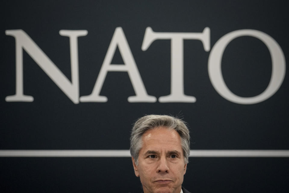 U.S. Secretary of State Antony Blinken listens to Slovakia's Foreign Minister Rastislav Kacer during a bilateral meeting in Bucharest, Romania, Tuesday, Nov. 29, 2022. Blinken attends the meeting of NATO Ministers of Foreign Affairs in the Romanian capital. (AP Photo/Vadim Ghirda, Pool)