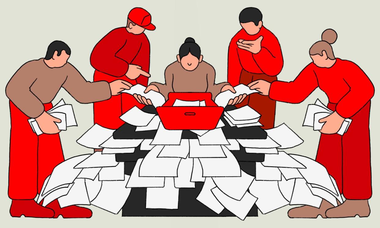 <span>‘If more localities decide to try hand-counting, results could be inaccurate, untrustworthy or delayed, fostering more distrust.’ </span><span>Illustration: Pavel Popov/The Guardian</span>