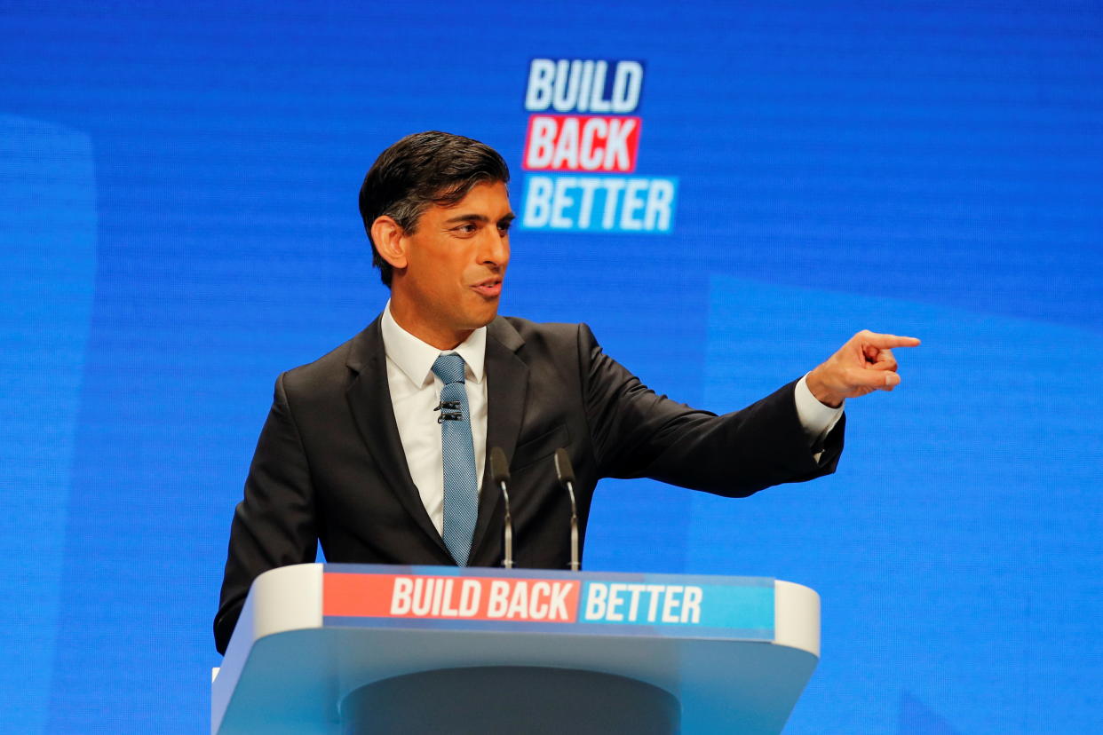 Britain's Chancellor of the Exchequer Rishi Sunak gestures as he delivers a speech during the annual Conservative Party conference, in Manchester, Britain, October 4, 2021. REUTERS/Phil Noble