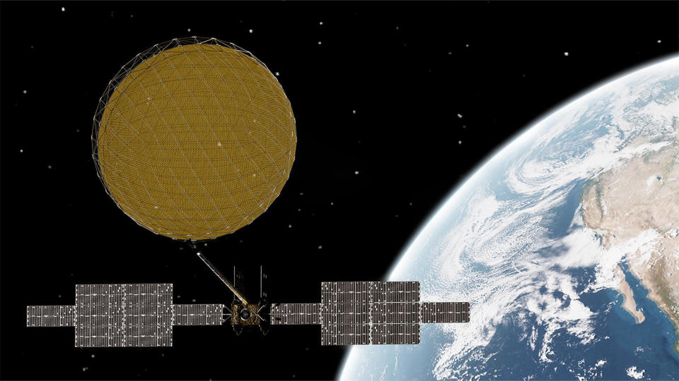 An artist's impression of a ViaSat-3 internet relay satellite in orbit, with its huge mesh antenna deployed to enable high-speed data transfers. / Credit: ViaSat