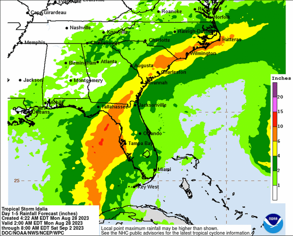 Idalia could bring more than 6 inches of rain to coastal North Carolina Wednesday night, NOAA says. Other parts of the state could see 1 to 4 inches.