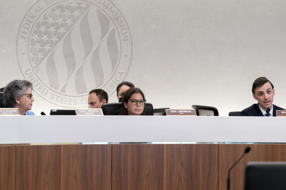 Chair of the Federal Election Commission Dara Lindenbaum, center, listens during a Federal Election Commission public meeting on whether it should regulate the use of AI-generated political campaign advertisements, Thursday, Aug. 10, 2023, in Washington. (AP Photo/Stephanie Scarbrough)