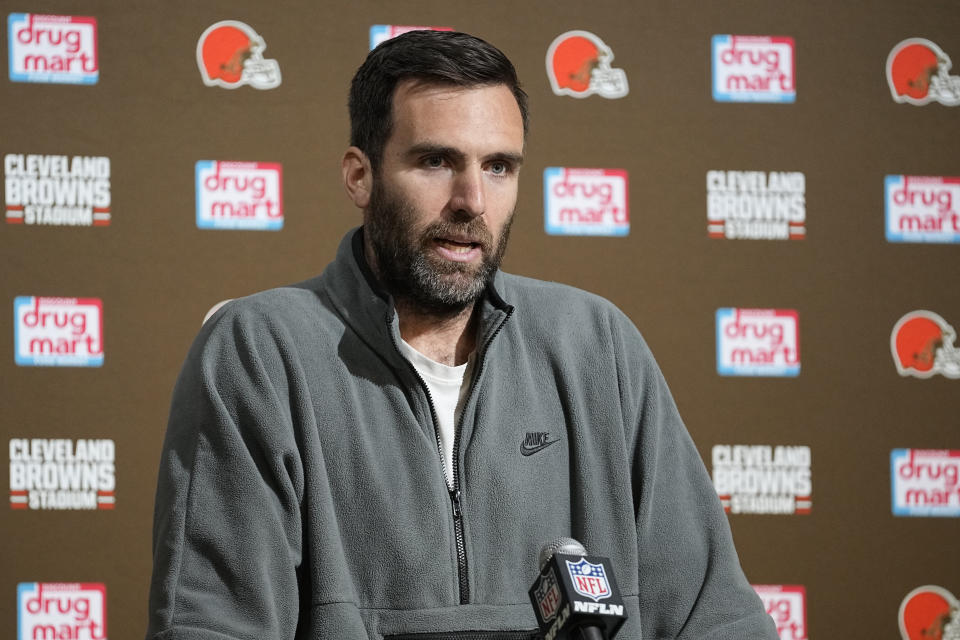 Cleveland Browns quarterback Joe Flacco answers a question after an NFL football game against the Jacksonville Jaguars, Sunday, Dec. 10, 2023, in Cleveland. (AP Photo/Sue Ogrocki)