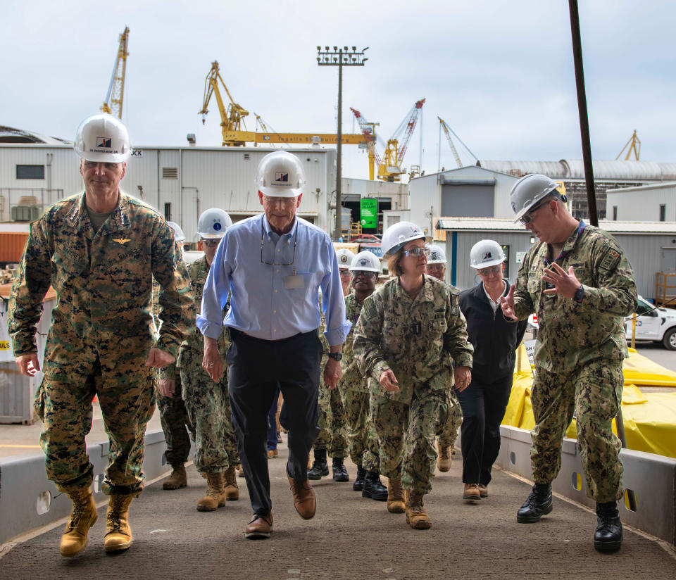 Chief of Naval Operations Adm. Lisa Franchetti and Assistant Commandant of the Marine Corps Gen. Christopher Mahoney joined U.S. Sen. Roger Wicker, R-Miss, for a visit to HII’s Ingalls Shipbuilding division on Monday, March 4, 2024.