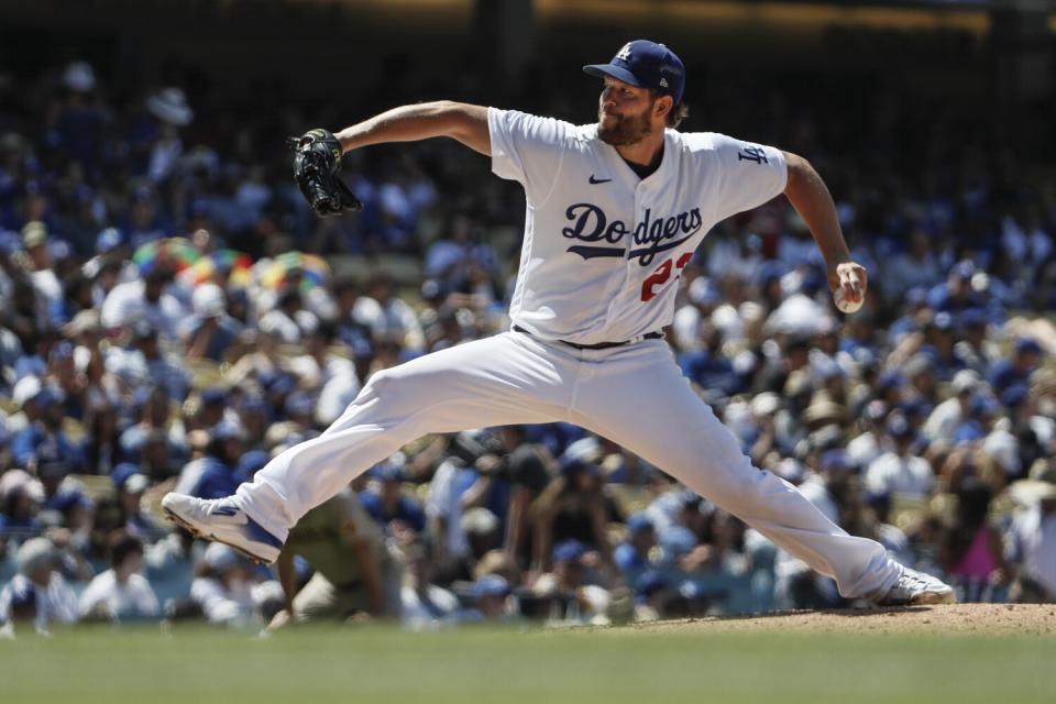 Dodgers pitcher Clayton Kershaw pitches against the San Diego Padres at Dodger Stadium.