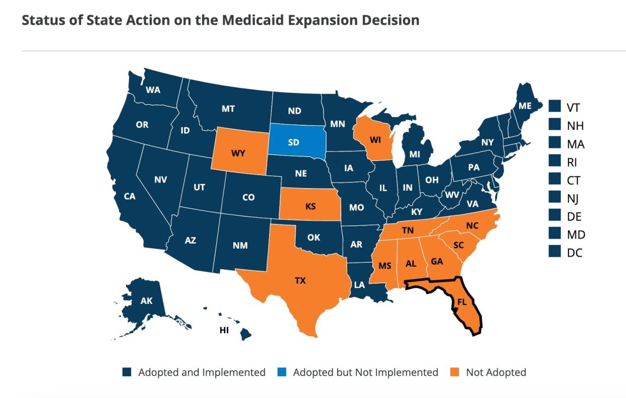 A map from the Kaiser Family Foundation shows which states have expanded Medicaid. The count of states who have not done so (shown in orange) is now down to 10, as North Carolina just this week voted to expand coverage.