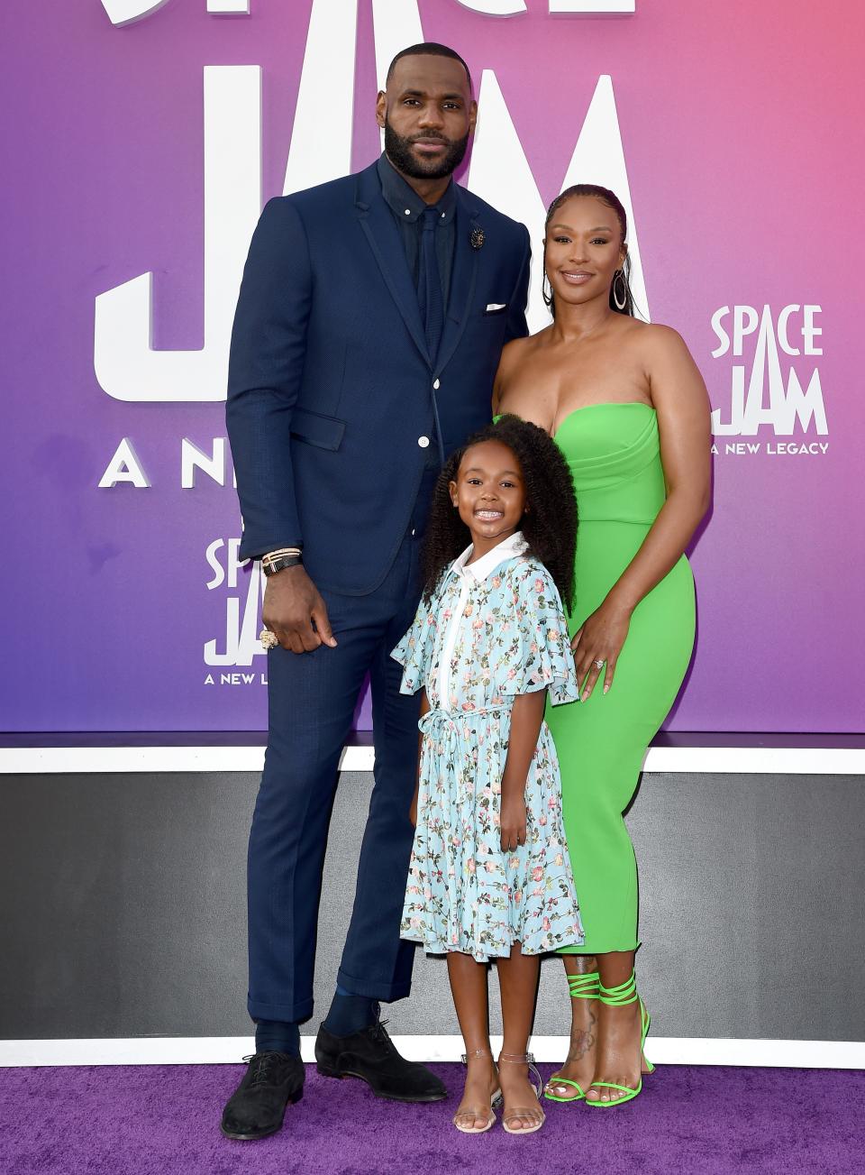 LeBron James, Savannah Brinson and Zhuri James attend the Premiere of Warner Bros "Space Jam: A New Legacy" at Regal LA Live on July 12, 2021 in Los Angeles, California.