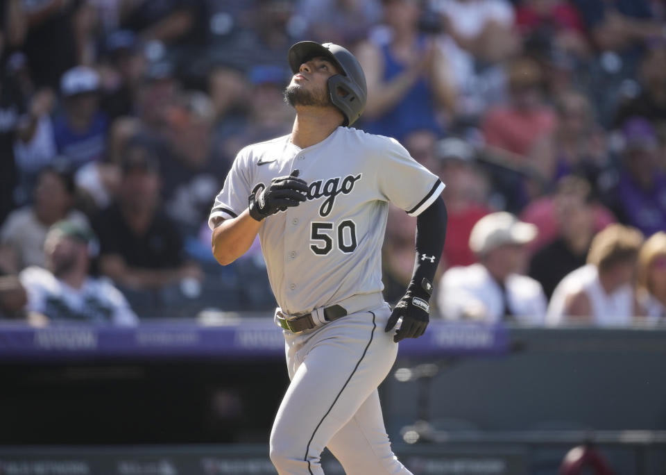 Chicago White Sox's Lenyn Sosa circles the bases after connecting for a three-run home run against Colorado Rockies relief pitcher Justin Lawrence in the eighth inning of a baseball game Sunday, Aug. 20, 2023, in Denver. (AP Photo/David Zalubowski)