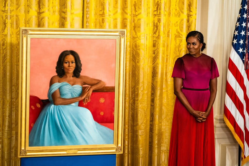 Former first lady Michelle Obama on stage during the unveiling of Former President Barack Obama and former first lady Michelle Obama’s official White House portraits during a ceremony in the East Room of the White House on Wednesday, September 7, 2022. (Photo by Demetrius Freeman/The Washington Post via Getty Images)