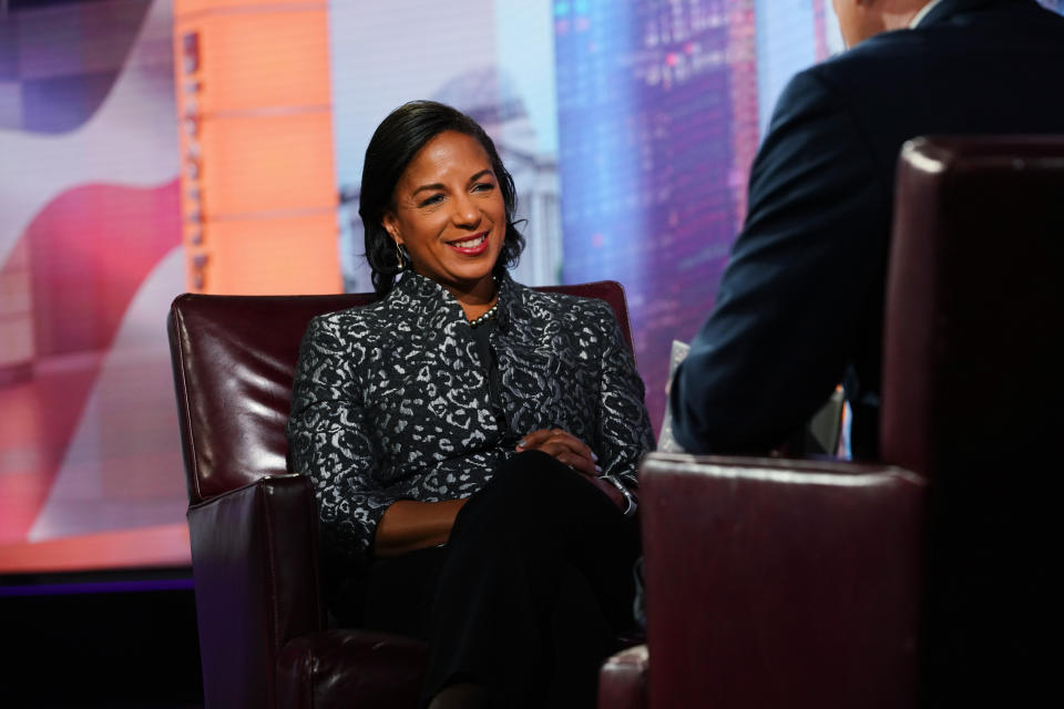 Susan Rice smiles during a Bloomberg Television interview
