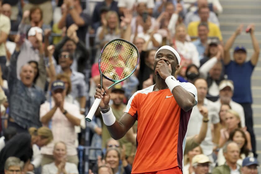 Frances Tiafoe, of the United States, reacts after winning a tie breaker against Andrey Rublev, of Russia,