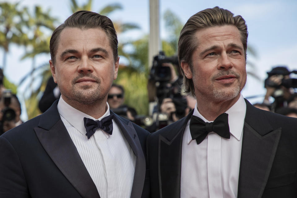 Actors Leonardo DiCaprio, left, and Brad Pitt pose for photographers at the premiere of their film "Once Upon a Time in Hollywood" at the 72nd international film festival, Cannes, southern France, Tuesday, May 21, 2019. (Photo by Vianney Le Caer/Invision/AP)