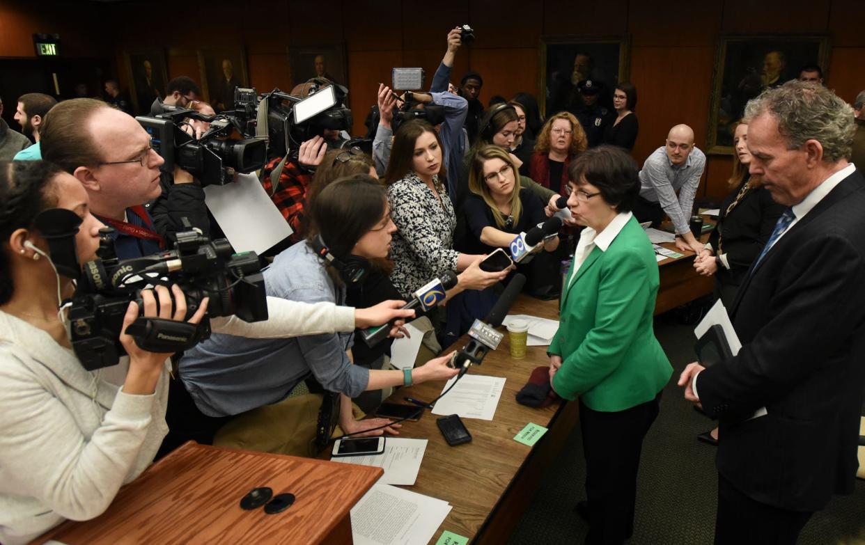 Newly elected MSU Board of Trustees chair Dianne Byrum speaks with the news media following the first 2019 Board of Trustees meeting at the Hannah Administration Building in East Lansing. Wednesday, Jan. 9.