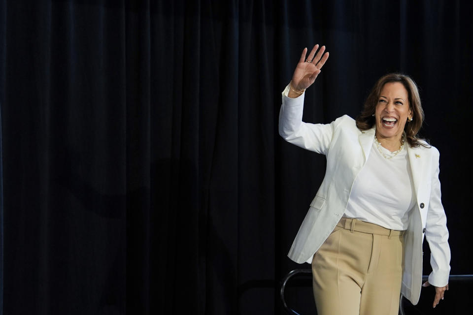 Democratic presidential nominee Vice President Kamala Harris arrives to speak at a campaign rally at Detroit Metropolitan Wayne County Airport, Wednesday, August 7, 2024, in Romulus, MI. (AP Photo/Julia Nikhinson)