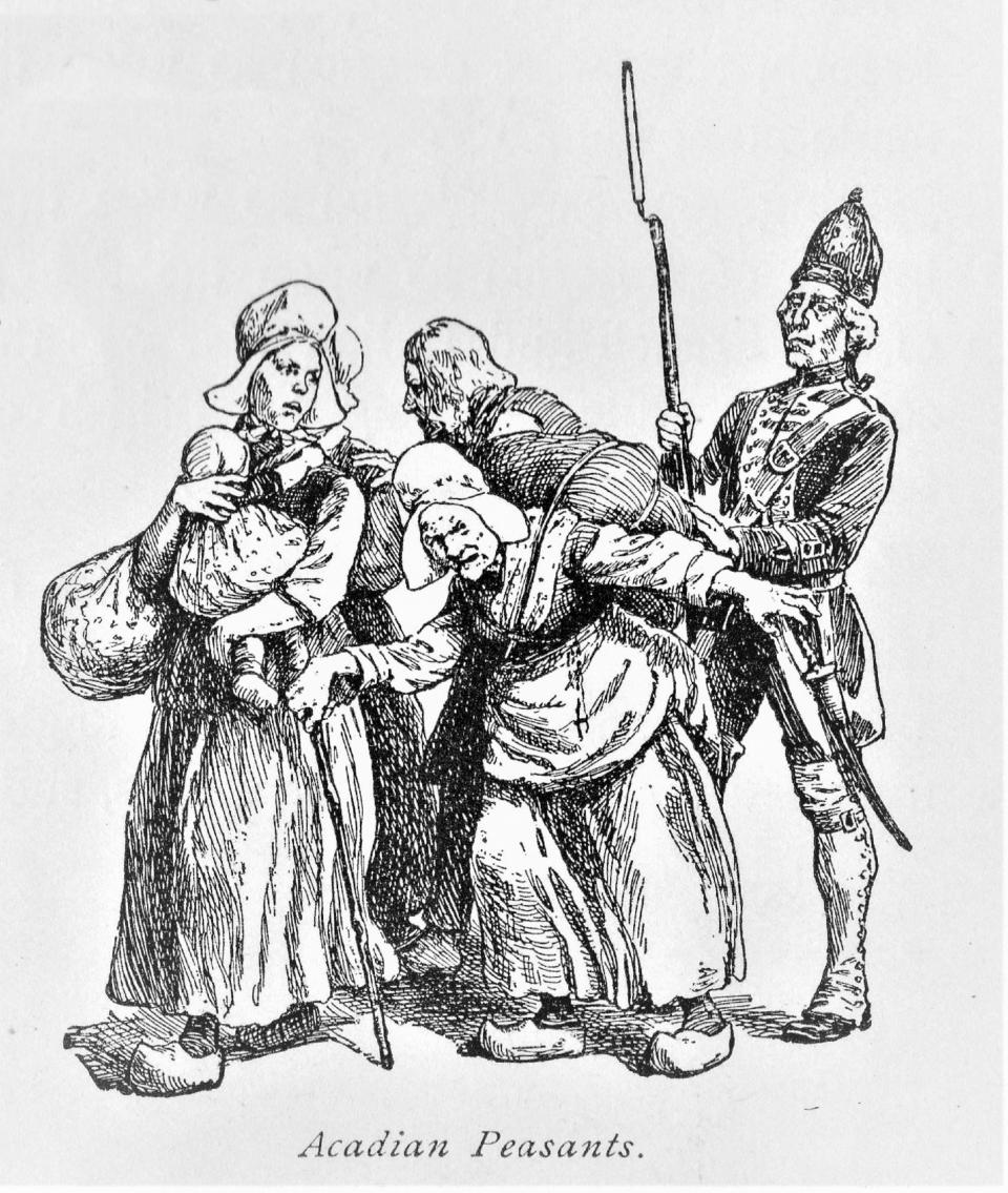 Illustration with the caption "Acadian Peasants," one with a walking stick and another holding a baby