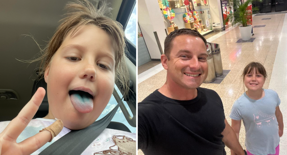 Left, Zali June Breitkreutz sticks her tongue out which is coloured blue from lollies and gestures the peace sign. Right, she smiles while holding her dad Sean's hand at a shopping mall. 