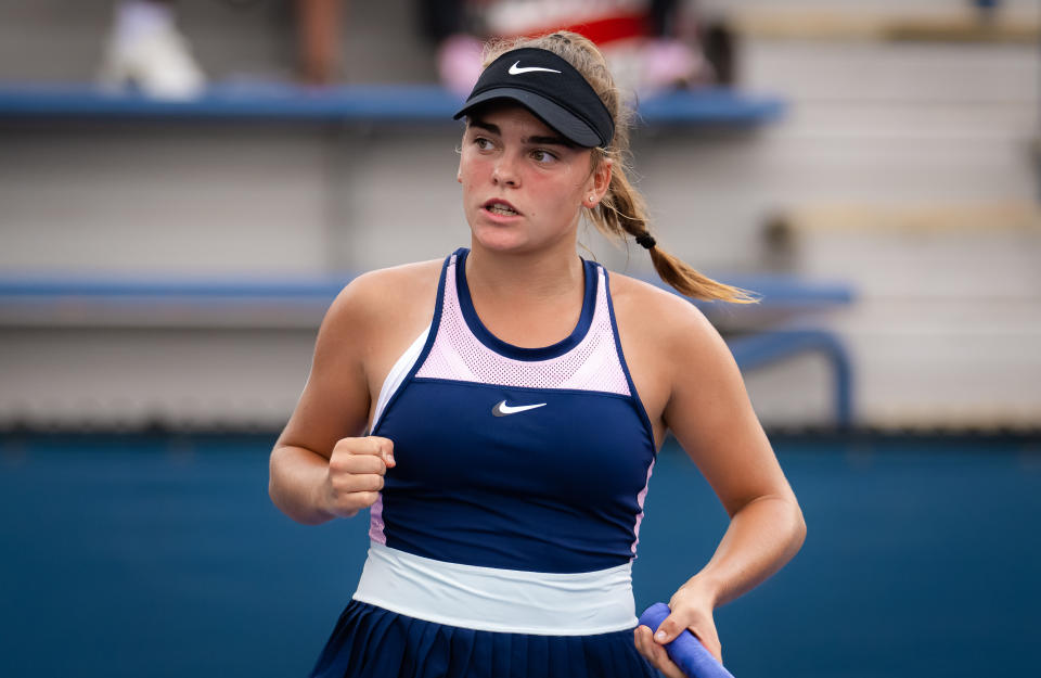 Sara Bejlek, pictured here in action against Heather Watson in the US Open qualification rounds.