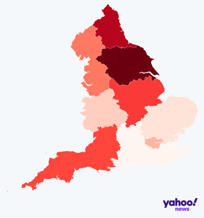 Yorkshire and the Humber has overtaken the North East to become the region of England with the highest rate of new COVID infections. (Flourish/Yahoo News UK/ Public Health England data)
