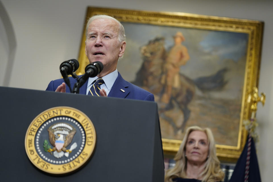 FILE - President Joe Biden speaks about the February jobs report from the Roosevelt Room of the White House, Friday, March 10, 2023, in Washington. Lael Brainard, Assistant to the President and Director of the National Economic Council, is at right. (AP Photo/Evan Vucci, File)