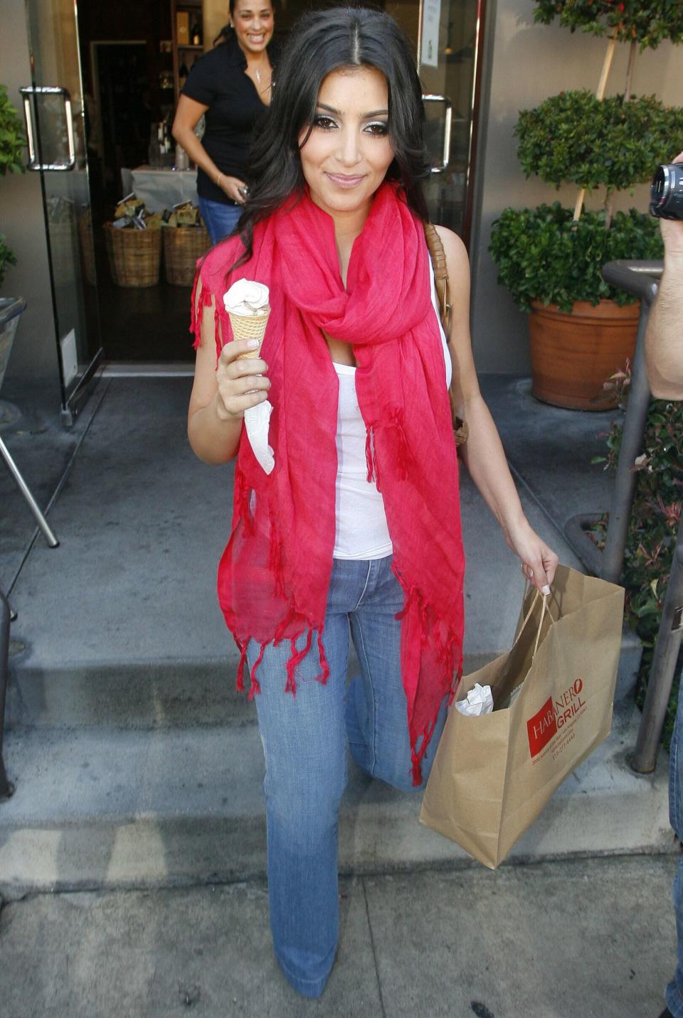 Kim Kardashian grabs an ice cream cone after shopping on Robertson Boulevard on July 31, 2008, in Beverly Hills, California. (Photo: Manuel Velasco via Getty Images)