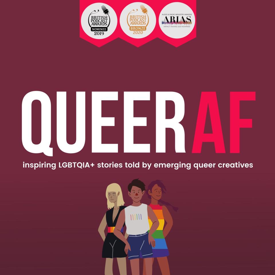 The text "QueerAF" in brown background with the graphics of three queer people